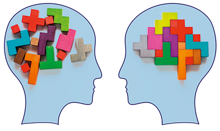 Umrisse zweier Köpfe, die beide farbige Klötzchen beinhalten, im linken Kopf ungeordnet, im rechten in Form eines Gehirns zusammengesetzt